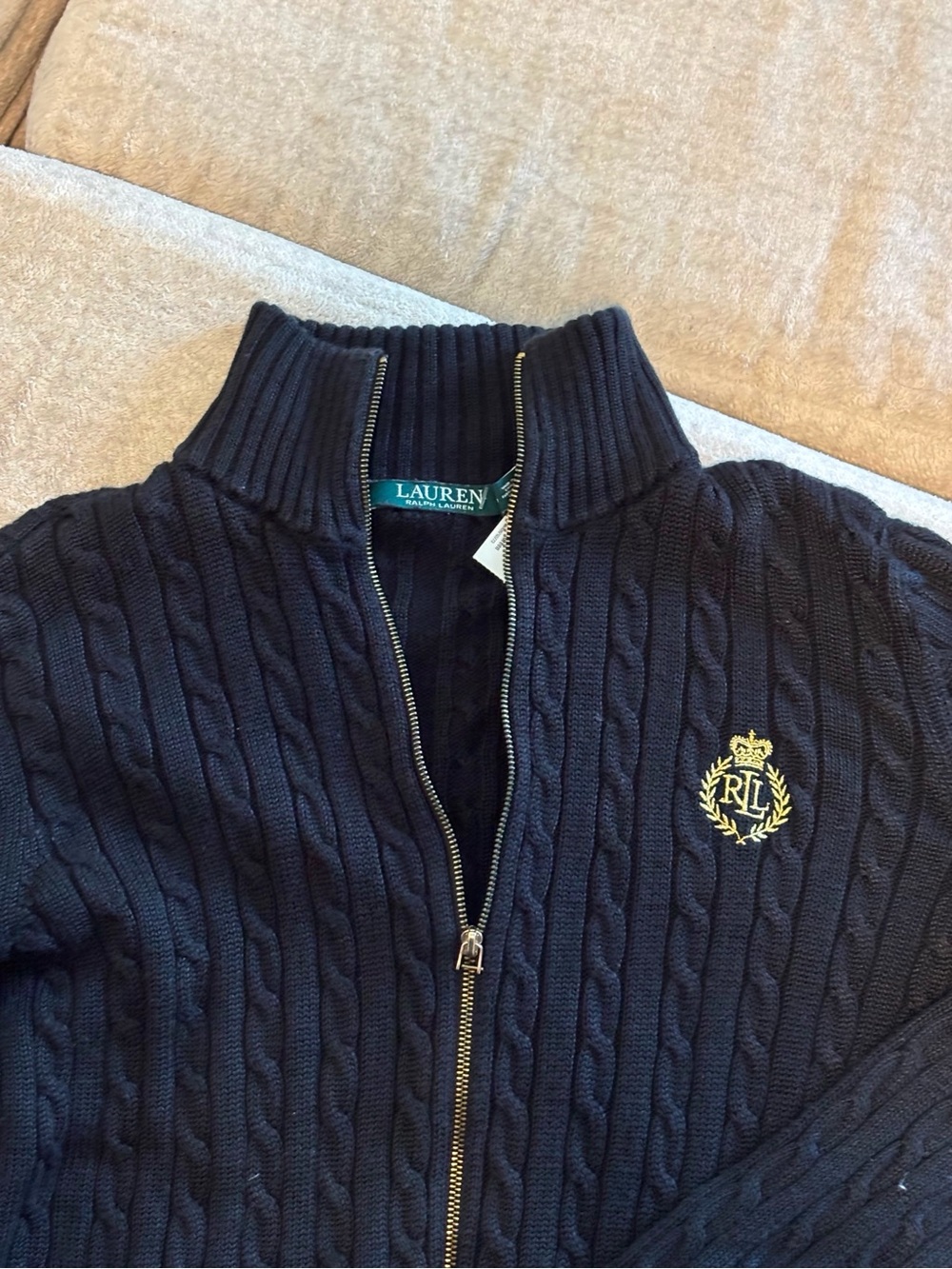 Lauren Ralph Lauren Black Cable Knit Full Zip Sweater Womens S Gold Crest Logo - Picture 6 of 8
